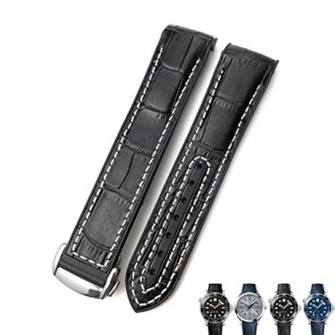Imagem de DJDLFA Pulseiras de relógio de couro bovino de 20 mm 22 mm adequadas para Omega Seamaster Planet Ocean 600 GMT pulseira de relógio laranja (cor: linha branca, tamanho: 20 mm fivela dourada)