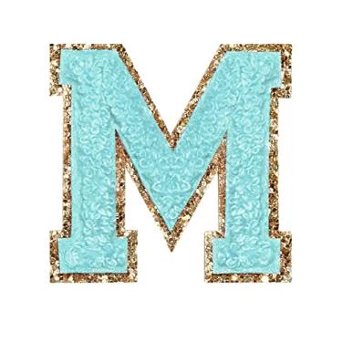 Imagem de 3 Pçs Chenille Letter Patches Ferro em Patches Glitter Varsity Letter Patches Bordado Borda Dourada Costurar em Patches para Vestuário Chapéu Camisa Bolsa (Azul, M)