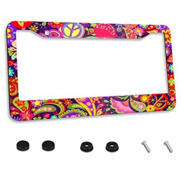 Imagem de Moldura abstrata para placa de carro com flores da paz, cogumelos, molduras decorativas personalizadas, suporte de etiqueta de capa de carro de alumínio de metal com 2 furos e parafusos de 30 x 15 cm