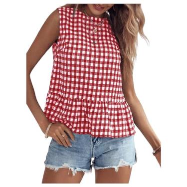 Imagem de MakeMeChic Camiseta regata feminina casual xadrez gola redonda sem mangas com babados e bainha de verão, Vermelho e branco., M