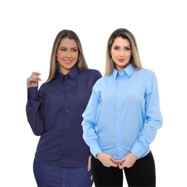 Imagem de Pthirillo, KIT Feminino 2 Peças - Camisa Social Premium Tipo Linho Azul Claro e Camisa Social Slim Azul Marinho Tamanho:G