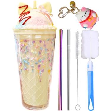 Imagem de Copo de sorvete para viagem com canudo para meninas, copo para beber suco, boba com bolha de chá, presente de aniversário (sorvete, 450 ml)