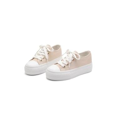 Imagem de ANTLULU Tênis de lona com plataforma para meninas, cano baixo e cano alto, tênis de lona com cadarço moderno e casual para meninas, Bege, 16