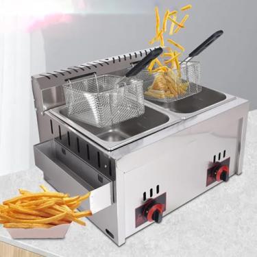 Imagem de Fritadeira a gás profissional 10 x 2 com tanque de tempero em aço inoxidável - Ideal para batatas fritas comerciais em restaurantes familiares, 2 cestos para cozimento eficiente