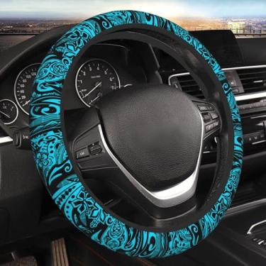 Imagem de Capa de volante de carro tribal havaiana polinésia azul-petróleo para mulheres e homens 35-38 cm tecido elástico antiderrapante capa protetora adequada universal acessórios automotivos decoração