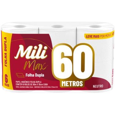 Imagem de Papel Higiênico Folha Dupla Mili Max - 6 Rolos 60m, 6, 60m