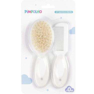 Imagem de Kit Pente e Escova para Bebe Cerdas Naturais Pimpolho, Branco