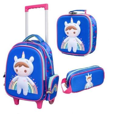 Imagem de Kit Mochila Yins Escolar De Carrinho Infantil Menina + Lancheira + Est