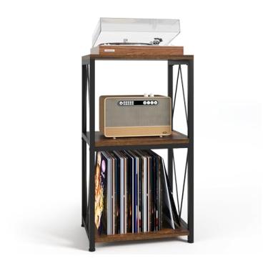 Imagem de Y&M Suporte para toca-discos com armazenamento de vinil, mesa de exibição de prateleira de 3 camadas para CD de álbum, suporte de toca-discos, mesa de canto para quarto, sala de estar, escritório