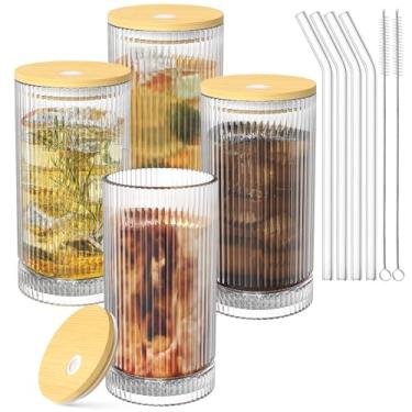 Imagem de Copos de vidro de 425 g com tampa e canudo, xícaras de café gelado com tampa, vidro canelado vintage para uísque e cerveja coquetel (pacote com 4)