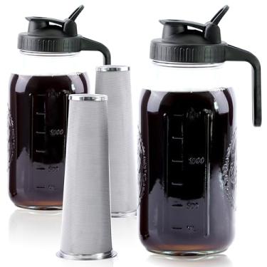 Imagem de Máquina de café gelada Cold Brew de 1,8 L, pote de pedreiro, 2 jarras de vidro de 1,8 litro com tampas de bico de 2 litros, jarra fria com filtro para geladeira, limonada, fermentação fria, leite