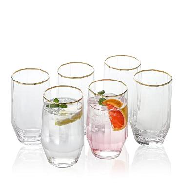 Imagem de EVEREST GLOBAL Conjunto de 6 copos de vidro soprado com borda dourada de poliedro transparente, 609,5 g, para refrigerante, suco de leite, coca-cola, cerveja, chá, bebidas geladas e água