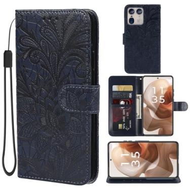 Imagem de Gufuwo Capa para Moto Edge 50 Ultra, capa carteira Motorola Edge 50 Ultra, capa flip de couro PU com flor de renda com suporte para cartão de crédito para Motorola Edge 50 Ultra 5G azul escuro