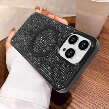 Imagem de LUVI Compatível com iPhone 15 Pro Max Bling Diamond Case Magnetic Glitter 3D Rhinestone Compatível com MagSafe Sparkly Electroplate Bumper Capa protetora de luxo fashion para mulheres meninas preto
