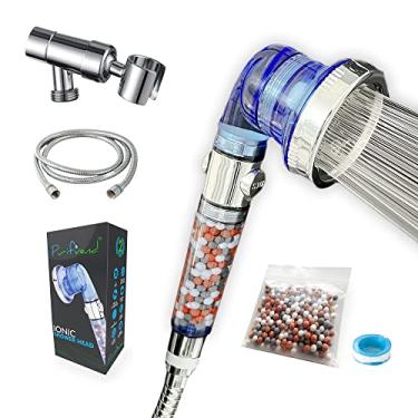 Imagem de Chuveiro de filtro de água rígido - Cabeça de chuveiro com gotas de íon (5 Accs) O único com suporte de chuveiro 100% latão/mangueira antitorção/pedras sobressalentes - Chuveiro portátil com filtro de