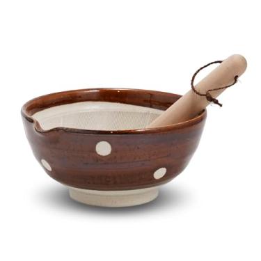 Imagem de Mino Ware Tigela de moedor de gergelim com pilão, 18 cm - Cerâmica durável com padrão pontilhado retrô, versátil para molhos e molhos (marrom, grande)