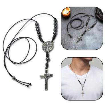 Imagem de Colar de pescoço crucifixo masculino hematita 6 mm cruz são bento - FO
