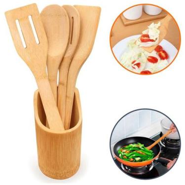 Imagem de Kit Colher De Bambu Biodegradável 5 Utensílios (4 talheres + suporte) 