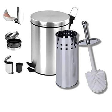 Imagem de Conjunto Cesto Lixo 3 Litros Escova Sanitaria Base Aço Inox Tampa Com Pedal Lixeira Banheiro  Escova