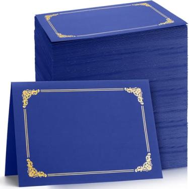 Imagem de Fainne Pacote com 120 porta-certificados a granel, capas de diploma borda dourada, capas de documentos para certificados de prêmio tamanho carta 21 x 27 cm, papel-cartão, documentos e cartolina (azul