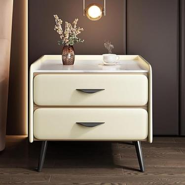 Imagem de Mesa de cabeceira luxuosa com acabamento em couro sintético e tampo de mármore sintético, mesa de cabeceira minimalista moderna com 2 gavetas, armário de armazenamento para quarto e sala de estar (40