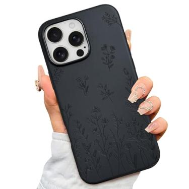 Imagem de AIGOMARA Capa magnética para iPhone 16 Pro Max [compatível com MagSafe] linda capa floral de silicone macio antiqueda à prova de choque capa fina - preta