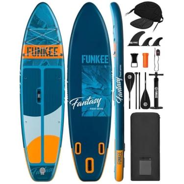 Imagem de FUNKEE Prancha de stand up paddle inflável extra larga de 11'×34"×6" com assento, prancha de sup com barbatanas removíveis, remo de 4 peças, trela de segurança, capa de telefone flutuante pa