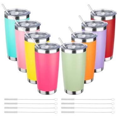 Imagem de ATIKZHE Copo de 590 ml com canudo e escova, copo isolado a vácuo de aço inoxidável, copo de café com isolamento de parede dupla para uso ao ar livre, casa, viagem, escritório (Mix-1 8 peças)