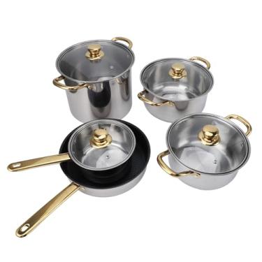 Imagem de Conjunto de Panelas e Frigideiras de Aço Inoxidável, Alça Dourada Ergonômica, Conjunto de Panelas de Metal Multifuncional Com Tampas de Vidro para Cozinha, Adequado para Várias