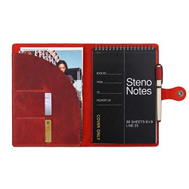 Imagem de Capa de couro para blocos Steno de 15 x 23 cm, capa de couro feita à mão para caderno de tamanho A5 com alça de caneta, capa de couro compatível com Rocketbook Flip tamanho executivo, vinho