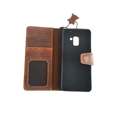 Imagem de Capa carteira de couro genuíno compatível com Samsung Galaxy A8 PLUS marrom