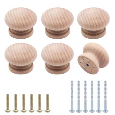 Imagem de YuGtcen 6 maçanetas de armário de madeira, puxadores de cômoda de madeira, maçanetas redondas modernas para móveis armário cômoda gaveta porta de armário (madeira natural inacabada, 39 mm)