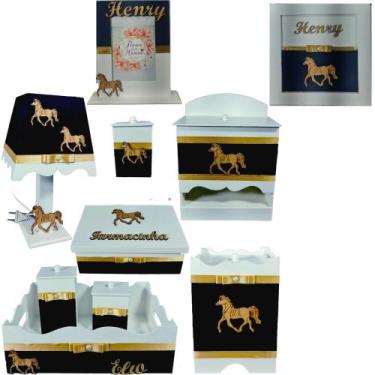 Imagem de Kit Higiene bebê madeira Mdf 10 peças - AZUL MARINHO DE CAVALO - Flore