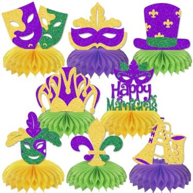 Imagem de 8Pcs Happy Mardi Gras Centerpiece Honeycomb, Mardi Gras Birthday Table Decor, Masquerade Masks Party Decoration, Carnival Themed Bachelorette Anniversary Party Supplies Gold Green Purple Glitter