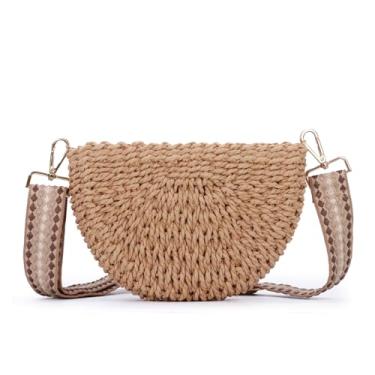 Imagem de Fecialy Bolsa transversal de palha feita à mão para mulheres, bolsa de ombro de tecido semicírculo para verão e praia, Marrom, Standard