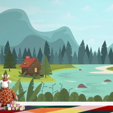 Imagem de Papel de Parede Infantil Paisagem Natural  Lago, Floresta e Montanhas 
