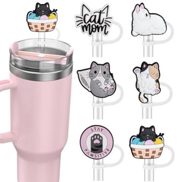 Imagem de Tampas de canudo para copo Stanley de 890 ml/1200 ml, tampas charmosas de silicone à prova de vazamento, 10 mm, acessórios de copo Stanley, 6 unidades, gatinho fofo