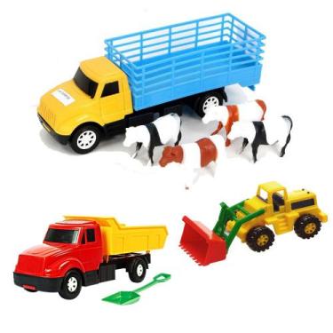 Imagem de Kit Caminhão Bois Animais Brinquedo Infantil Trator Pá Carregadeira Fa