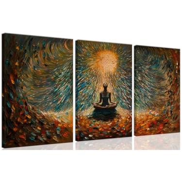 Imagem de ouiytws Arte de parede em tela tríptico de meditação, pintura a óleo abstrata espiritual, arte moderna em 3 painéis