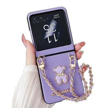 Imagem de Capa para Moto Razr Plus 2023 com design de urso fofo para mulheres e meninas, capa fina protetora de couro de luxo com corrente para Motorola Razr 40 Ultra, capa Moto Razr+ 2023 (roxa)