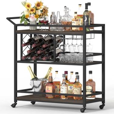 Imagem de FATORRI Bar Carts for The Home with Wine Rack and Glasses Holder, Rustic Rolling Serving Cart on Wheels for Liquor and Alcohol, Wood and Metal Drink Cart and Beverage Cart (Walnut Brown)