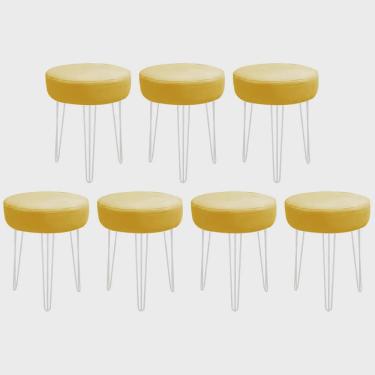 Imagem de Kit 07 Banquetas Puff Jullia Luxo 55cm Industrial Ferro Branco Corino Amarelo - Ahazzo Móveis