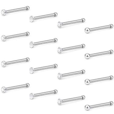 Imagem de Hoeudjo Kit de anéis de nariz de zircônia cúbica de aço cirúrgico para mulheres e homens minúsculos parafusos de nariz e osso e anéis de narina em forma de L joia piercing de calibre 22 16 peças