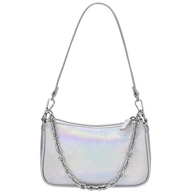 Imagem de GAYI URBAN Bolsa de ombro de pele de cobra para mulheres, pequena bolsa clutch retrô dos anos 90, mini bolsa de mão moderna Y2K, Prata iridescente, 8.37" x 5.1" x 2"