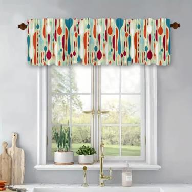 Imagem de Cortina de cozinha colorida para janelas, talheres coloridos, jantar, garfo, colher, utensílios de cozinha, sanefas, bolso para varão, janela, painel de cortina curta, 137 x 45 cm, para decoração de