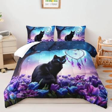 Imagem de AILONEN Conjunto de edredom solteiro de gato preto, tulipas azuis e roxas, para crianças, meninas, conjunto de edredom com estampa de flores de animais para decoração de quarto, 3 peças, 1 colcha + 2