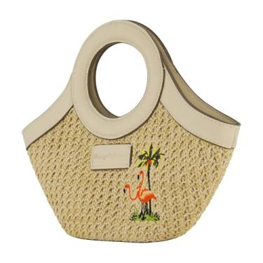 Imagem de Tommy Bahama Mini sacola, bolsa de viagem feminina com alça de ombro ajustável, flamingo bordado e design de palmeira, creme, tamanho único, Creme