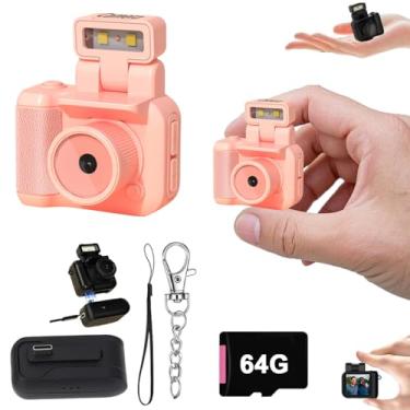 Imagem de Gsnagole Câmera de encaixe retrô, mini câmera vintage nostálgica, câmera de encaixe minúsculo, câmera fotográfica digital com chaveiro, Llavero Mini CáMara retro, HD 1080p com luz de LED (rosa 64G)