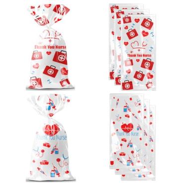Imagem de RIGHTA TECH Sacos de guloseimas de celofane de enfermeira, 100 peças, impressão de agradecimento, de plástico, presente, doces, biscoitos, sacos de armazenamento com laços para festa de aniversário de