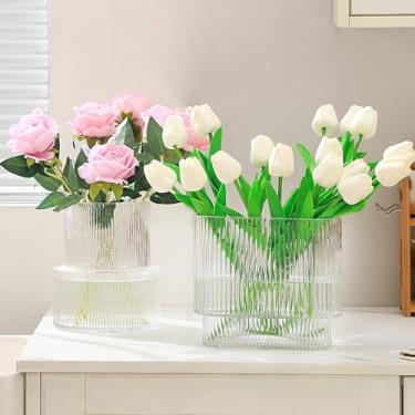 Imagem de Vasos de vidro canelados para flores YANWE1 Conjunto com 2, vidro transparente, para tulipas, moderno, para sala de estar, mesa de jantar, escritório, entrada, estante, presente de casamento